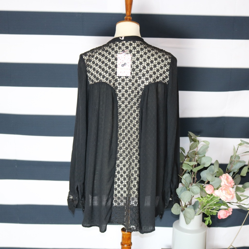 NWT FREE PEOPLE Crochet Button Down Blouse Black